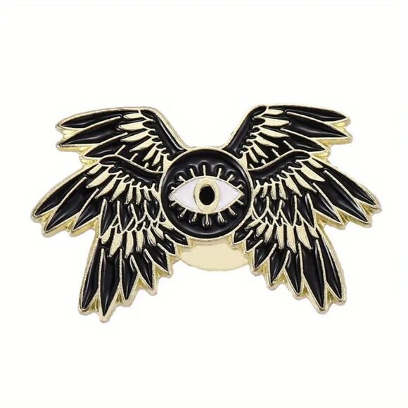 Jewelry - Winged Evil Eye Seraph Enamel Pin Brooch Black & Gold NEW Mystical Occult Goth